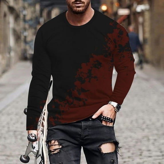 Plus Size T Shirts for Men Crewneck Big & Tall M-4X Long Sleeve Stretchy Slim Tees Tops Casual Color Block Basic Comfort Pullover T-Shirts