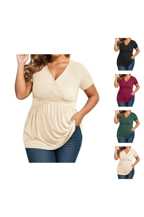 Plus Size T Shirts for Women 2026 Summer Short Sleeve V Neck Dressy Casual Wrap Shirt Low Cut Tunic Top
