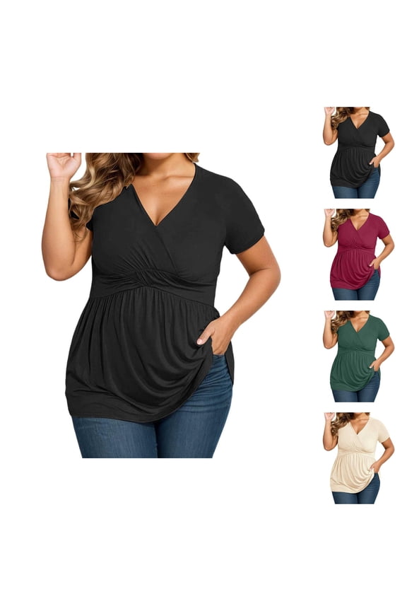 Plus Size T Shirts for Women 2026 Summer Short Sleeve V Neck Dressy Casual Wrap Shirt Low Cut Tunic Top