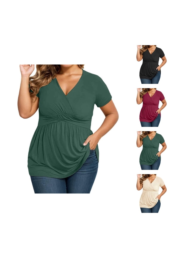 Plus Size T Shirts for Women 2026 Summer Short Sleeve V Neck Dressy Casual Wrap Shirt Low Cut Tunic Top