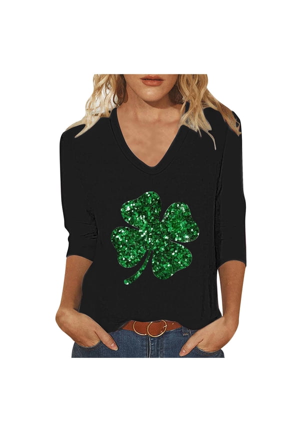 Plus Size T Shirts for Women St Patricks Day Green Black Shamrock Tee Holiday Casual V Neck 3/4 Sleeve Tops (4X-Large, Black 03)