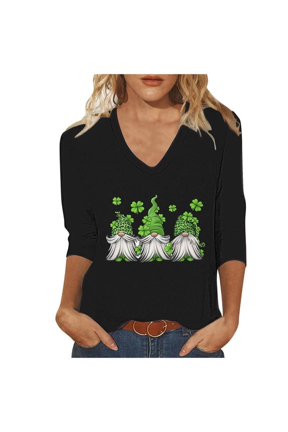 Plus Size T Shirts for Women St Patricks Day Green Black Shamrock Tee Holiday Casual V Neck 3/4 Sleeve Tops (Small, Black)