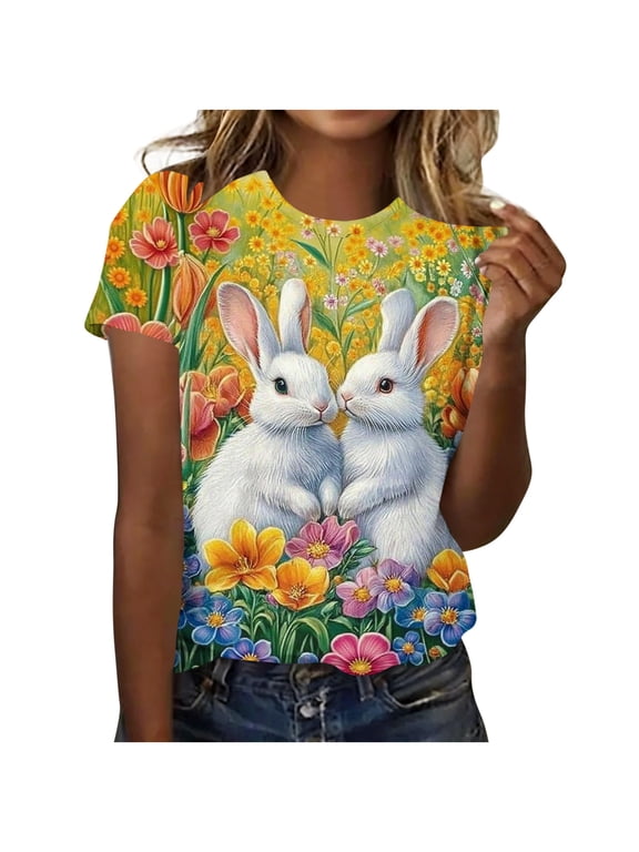 Plus Size T-shirts Womens Easter Day Graphic Tee Cute Bunny & Eggs Printed Short Sleeve Crewneck Holiday Tops (M, Multicolor)