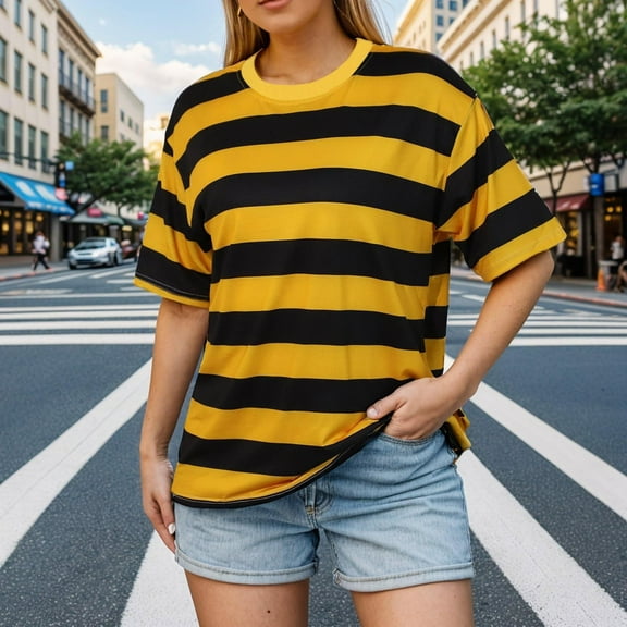 Plus Size T-shirts Womens Striped Short Sleeve Round Neck Summer Trendy Tops Colorblock Casual Tee Blouses (XL, Yellow)