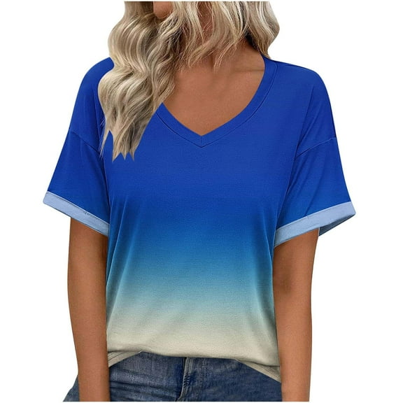Plus Size T-shirts for Women, Trendy Gradient Color V Neck Tshirts Summer Casual Loose Tops S-5X (3XL, Blue)