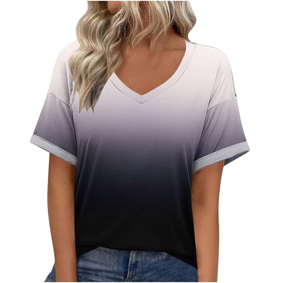 Plus Size T-shirts for Women, Trendy Gradient Color V Neck Tshirts Summer Casual Loose Tops S-5X (4XL, Black)