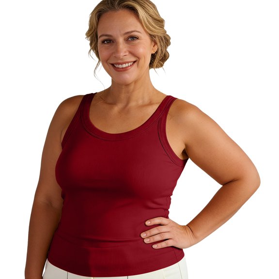 Plus Size Tank Top with Bra for Women Solid Basic Camisole Wide Strap Udershirts Sleeveless Sports Shirts Red XL