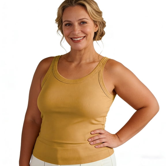 Plus Size Tank Top with Bra for Women Solid Basic Camisole Wide Strap Udershirts Sleeveless Sports Shirts Yellow XL