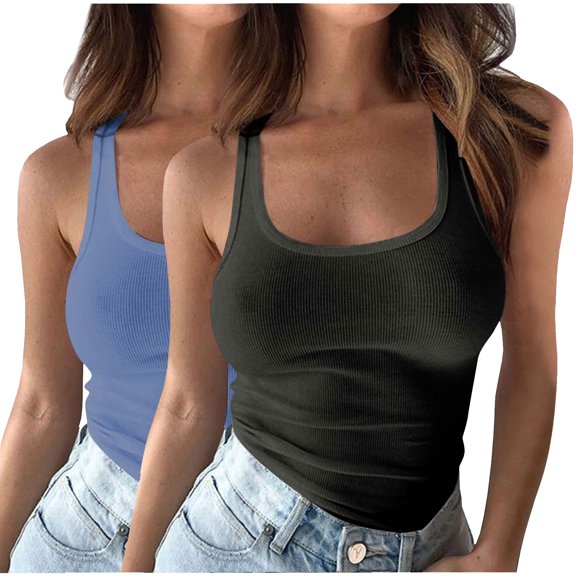 Plus Size Tank Tops, Sleeveless Tank 2pc Women's Round Neck Ribbed Tank Tops Workout Sleeveless Summer Casual Slim Fitted Cami Shirt Solid Color Sleeveless Tee Lightweight Camisoles Black 4XL