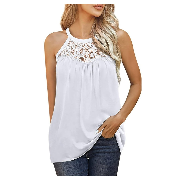 Plus Size Tank Tops Trendy Lace Flowy Tank Tops Sleeveless Dressy Shirts  Blouses Halter Spaghetti Strap Women's Tops,White XXL