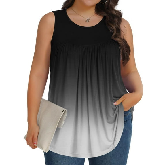 Plus Size Tank Tops for Women 1X-5X - Summer Sleeveless Blouse with Pleated Front, Breathable Polyester Casual Shirts for Curvy Women, Loose Fit Crew Neck Tunic Tops (Black, Large)
