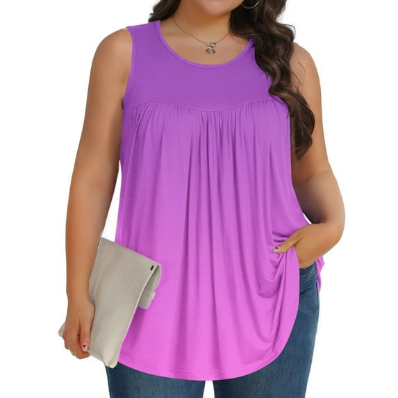 Plus Size Tank Tops for Women 1X-5X - Summer Sleeveless Blouse with Pleated Front, Breathable Polyester Casual Shirts for Curvy Women, Loose Fit Crew Neck Tunic Tops (Purple, Large)