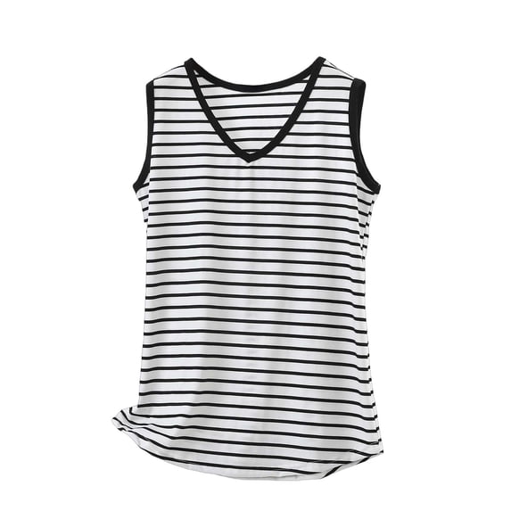 Plus Size Tank Tops Womens Striped Print Loose Cotton Sleeveless V Neck T-shirts Summer Basic Lounge Tees (L, Black)
