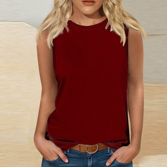 Plus Size Tank Tops for Women Summer Basic Sleeveless Blouse Solid Color Crew Neck Classic Tanks