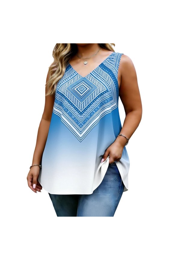Plus Size Tank Tops for Women Casual Retro Aztec Print Ethnic V Neck T-Shirts Loose Fit Sleeveless Blouse Summer Vacation Outfits