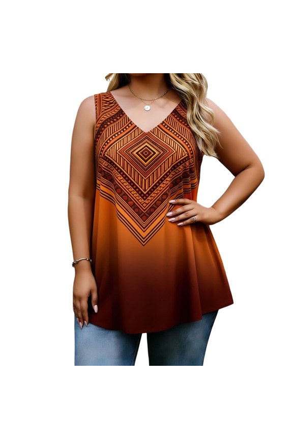 Plus Size Tank Tops for Women Casual Retro Aztec Print Ethnic V Neck T-Shirts Loose Fit Sleeveless Blouse Summer Vacation Outfits