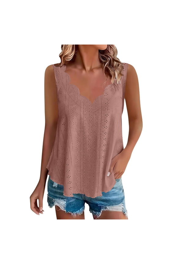 Plus Size Tank Tops for Women Dressy Eyelet Blouse V Neck Shell Top Sleeveless Summer Shirts Solid Color Tank Tops Loose Fit