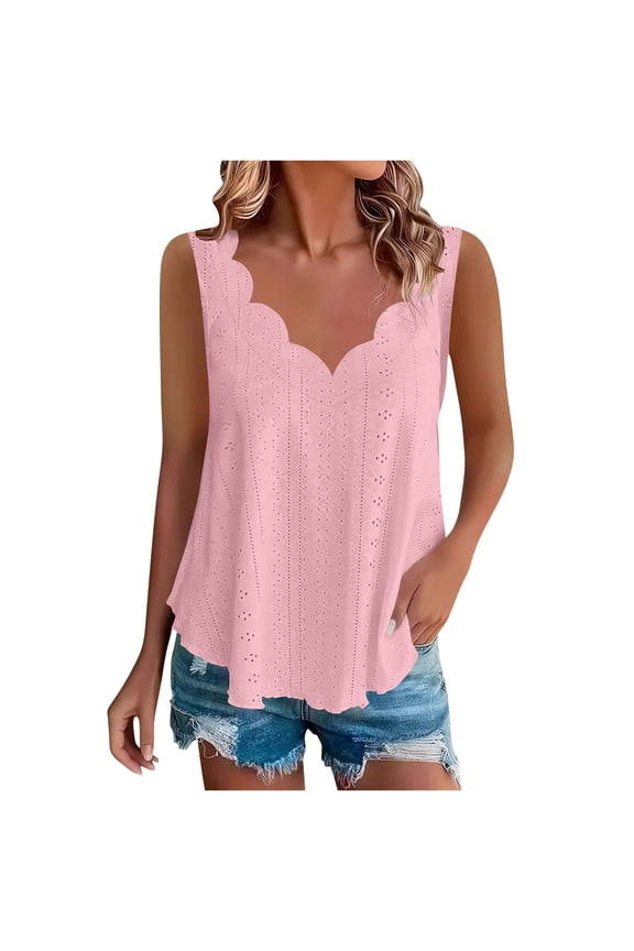 Plus Size Tank Tops for Women Dressy Eyelet Blouse V Neck Shell Top Sleeveless Summer Shirts Solid Color Tank Tops Loose Fit
