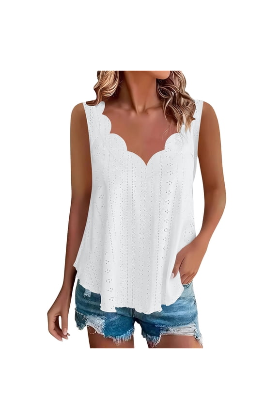 Plus Size Tank Tops for Women Dressy Eyelet Blouse V Neck Shell Top Sleeveless Summer Shirts Solid Color Tank Tops Loose Fit