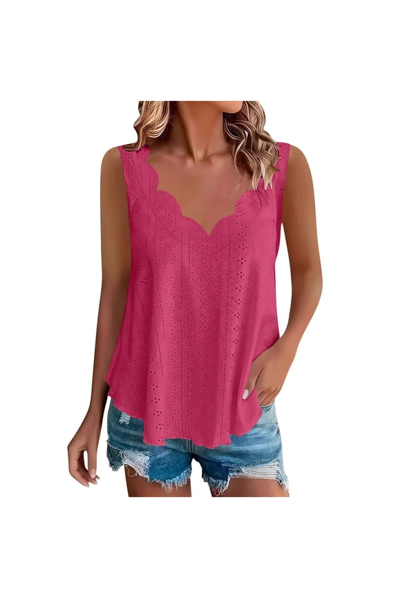 Plus Size Tank Tops for Women Dressy Eyelet Blouse V Neck Shell Top Sleeveless Summer Shirts Solid Color Tank Tops Loose Fit