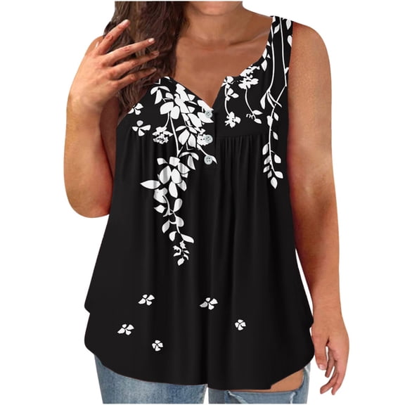Plus Size Tank Tops for Women Floral Henley Pleated Sleeveless Shirts Summer Casual Loose Flowy Soft Tops (3XL, Black 1)