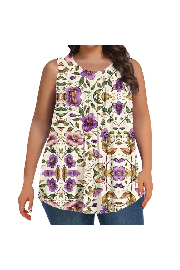 Plus Size Tank Tops for Women Floral Print Sleeveless Pleated Front Blouses Round Neck Casual Loose T-Shirt Trendy Summer Tanks