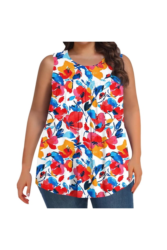 Plus Size Tank Tops for Women Floral Print Sleeveless Pleated Front Blouses Round Neck Casual Loose T-Shirt Trendy Summer Tanks