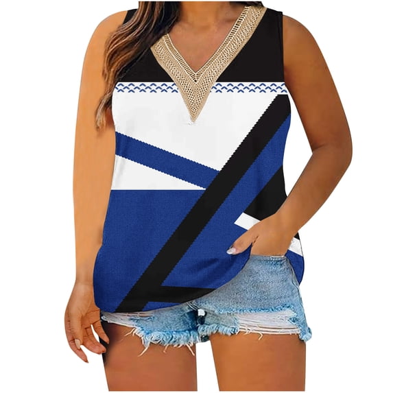 Plus Size Tank Tops for Women Lace V Neck Floral Printed Sleeveless Shirts Summer Casual Loose Fit Tops (2XL, Blue)