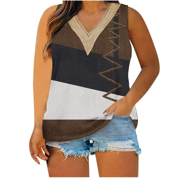 Plus Size Tank Tops for Women Lace V Neck Floral Printed Sleeveless Shirts Summer Casual Loose Fit Tops (3XL, Brown)
