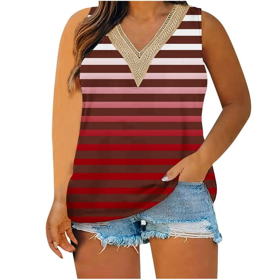Plus Size Tank Tops for Women Lace V Neck Floral Printed Sleeveless Shirts Summer Casual Loose Fit Tops (4XL, Wine)