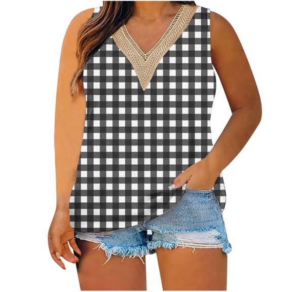 Plus Size Tank Tops for Women Lace V Neck Floral Printed Sleeveless Shirts Summer Casual Loose Fit Tops (L, Black)