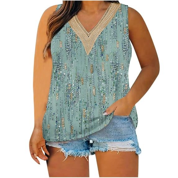Plus Size Tank Tops for Women Lace V Neck Floral Printed Sleeveless Shirts Summer Casual Loose Fit Tops (XL, Green 3)
