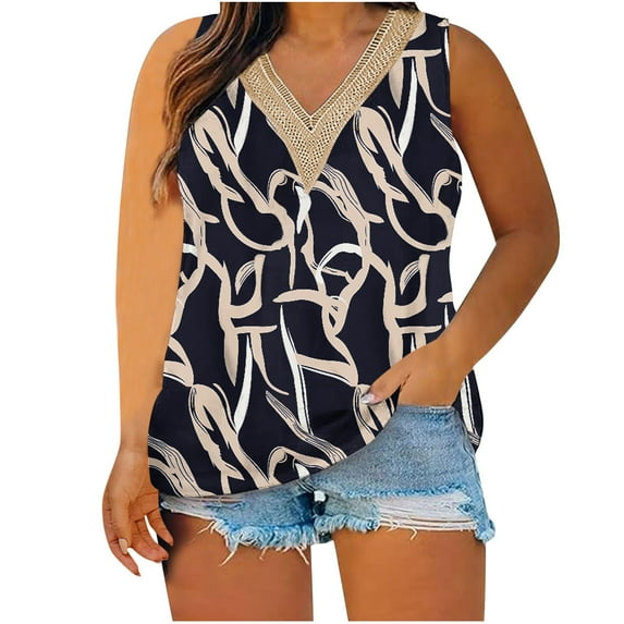 Plus Size Tank Tops for Women Lace V Neck Floral Printed Sleeveless Shirts Summer Casual Loose Fit Tops (XL, Navy)