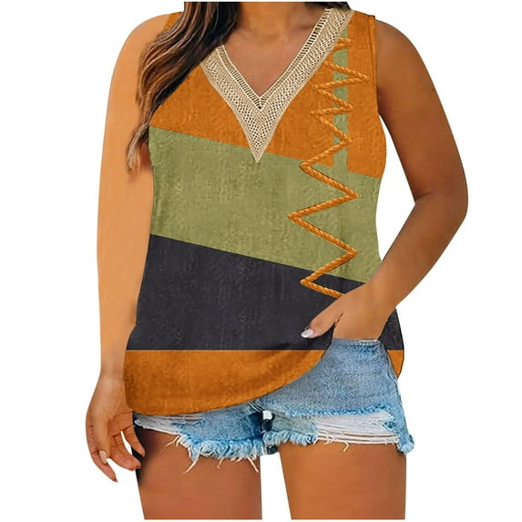 Plus Size Tank Tops for Women Lace V Neck Floral Printed Sleeveless Shirts Summer Casual Loose Fit Tops (XL, Yellow 1)