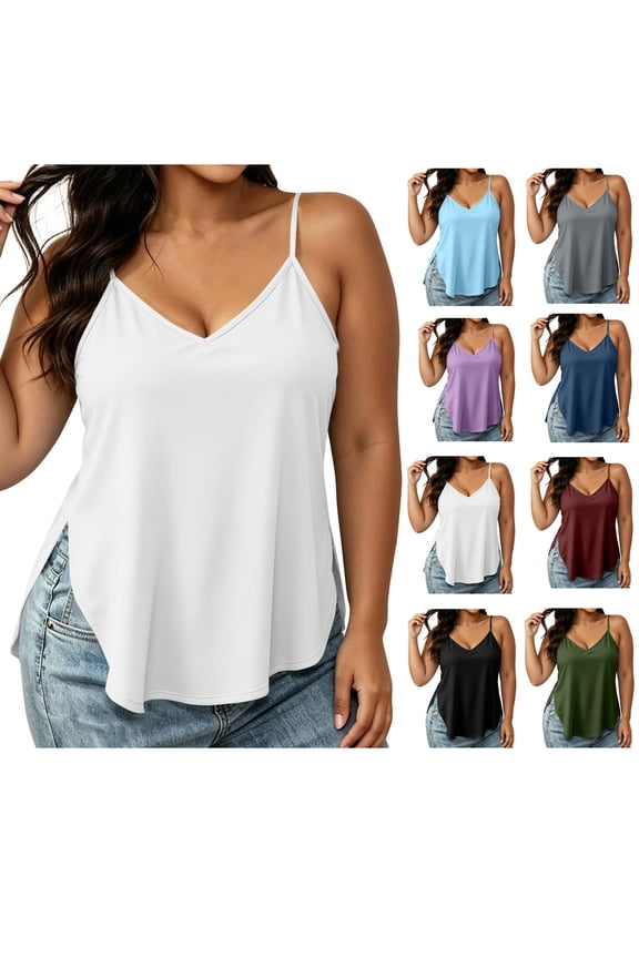 Plus Size Tank Tops for Women New Plus Size Camisole for Women Summer Loose Spaghetti Strap Tank Top with Side Split Lightweight Comfy Cami Tops