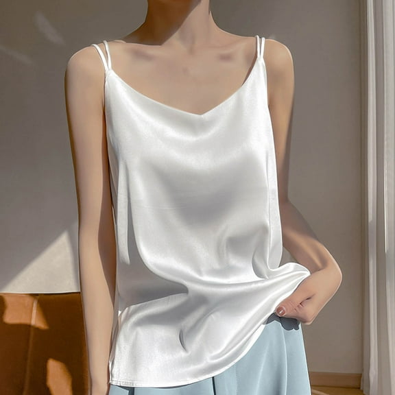 Plus Size Tank Tops for Women Satin V-neck Solid Color Tank Camisole Undershirt White XL
