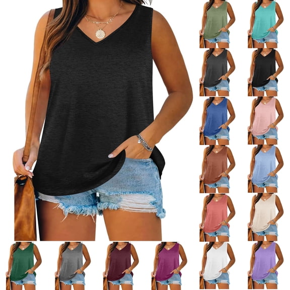 Plus Size Tank Tops for Women Short Sleeveless Loose Polluer Solid V-Neck Blouse Shirt Womens Tank Tops, Black-2XL