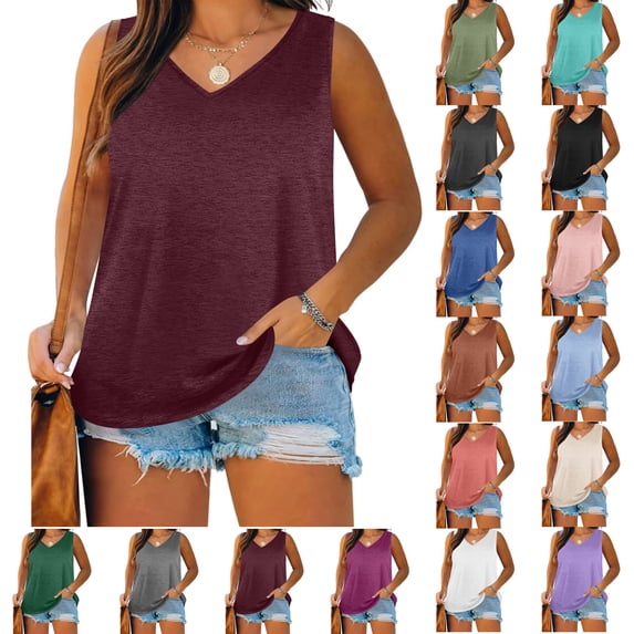 Plus Size Tank Tops for Women Short Sleeveless Loose Polluer Solid V-Neck Blouse Shirt Womens Tank Tops, Wine-2XL