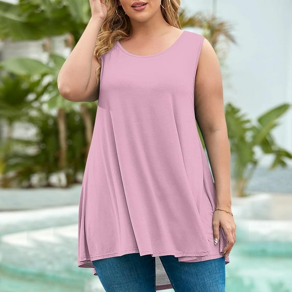 Plus Size Tank Tops for Women Sleeveless Oversized Round Neck Solid Color T-shirt Loose Tank Pink XXL
