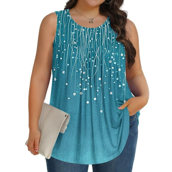 Plus Size Tank Tops for Women Sleeveless Round-Neck Printed Casual T-shirt Sky Blue XXXL