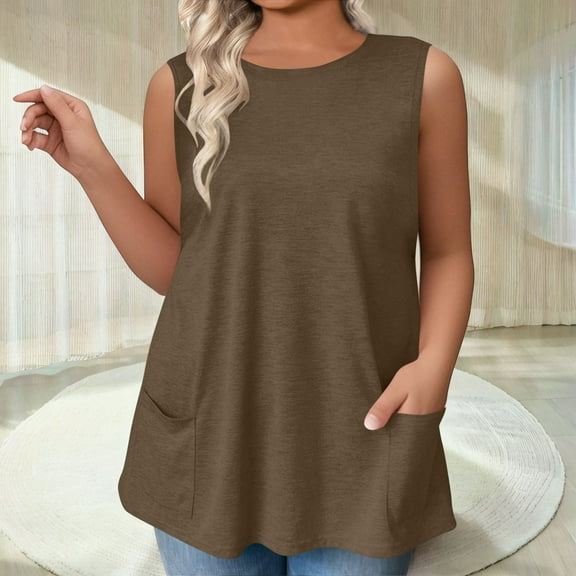 Plus Size Tank Tops for Women Sleeveless Round Neck Solid Color Plus Casual Pullover Blouses Khaki XXXL