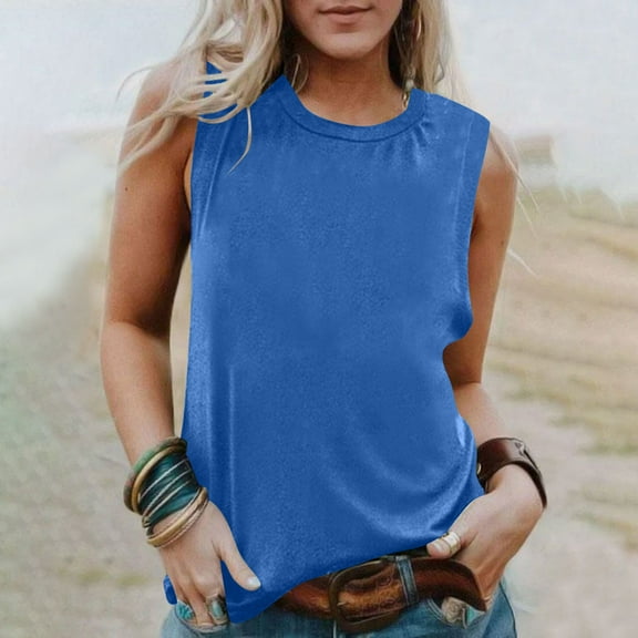 Plus Size Tank Tops for Women Sleeveless Round Neck Solid Color Shirt Casual Tank Blue XXXL