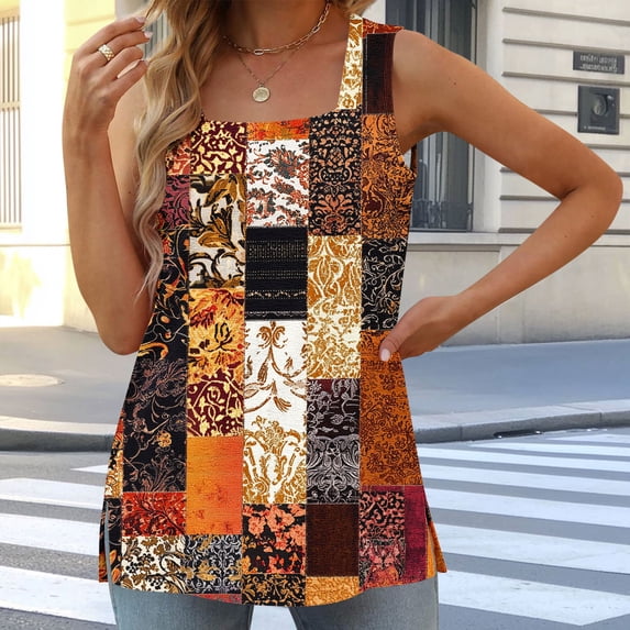 Plus Size Tank Tops for Women Sleeveless Square Collar Floral Print Casual Loose T-shirt Orange XXXXL