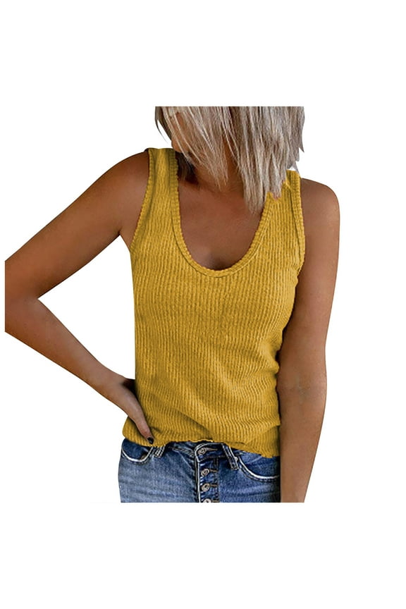 Plus Size Tank Tops for Women Slim Fitted Ribbed Sleeveless Workout Tops Tees Solid Color Tanks Summer Casual Wear (3X-Large, Yellow)