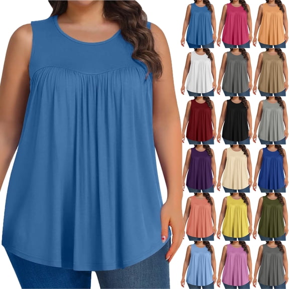 Plus Size Tank Tops for Women Solid Color Sleeveless Crew Neck Plication T Shirts Summer Tops Casual Tees Loose Fit Shirts Solid color Wrinkle Blouse