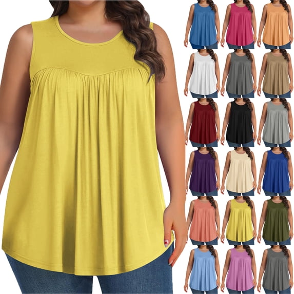 Plus Size Tank Tops for Women Solid Color Sleeveless Crew Neck Plication T Shirts Summer Tops Casual Tees Loose Fit Shirts Solid color Wrinkle Blouse