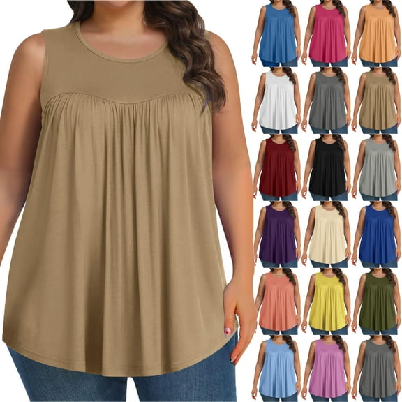 Plus Size Tank Tops for Women Solid Color Sleeveless Crew Neck Plication T Shirts Summer Tops Casual Tees Loose Fit Shirts Solid color Wrinkle Blouse