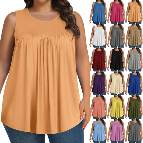 Plus Size Tank Tops for Women Solid Color Sleeveless Crew Neck Plication T Shirts Summer Tops Casual Tees Loose Fit Shirts Solid color Wrinkle Blouse