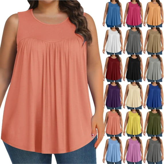 Plus Size Tank Tops for Women Solid Color Sleeveless Crew Neck Plication T Shirts Summer Tops Casual Tees Loose Fit Shirts Solid color Wrinkle Blouse