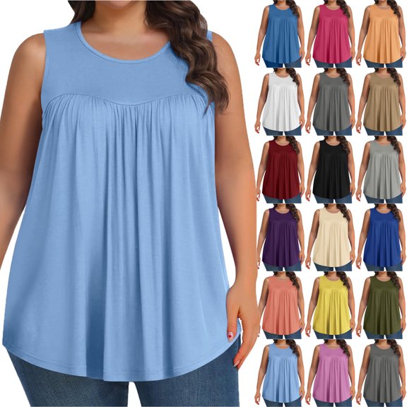 Plus Size Tank Tops for Women Solid Color Sleeveless Crew Neck Plication T Shirts Summer Tops Casual Tees Loose Fit Shirts Solid color Wrinkle Blouse